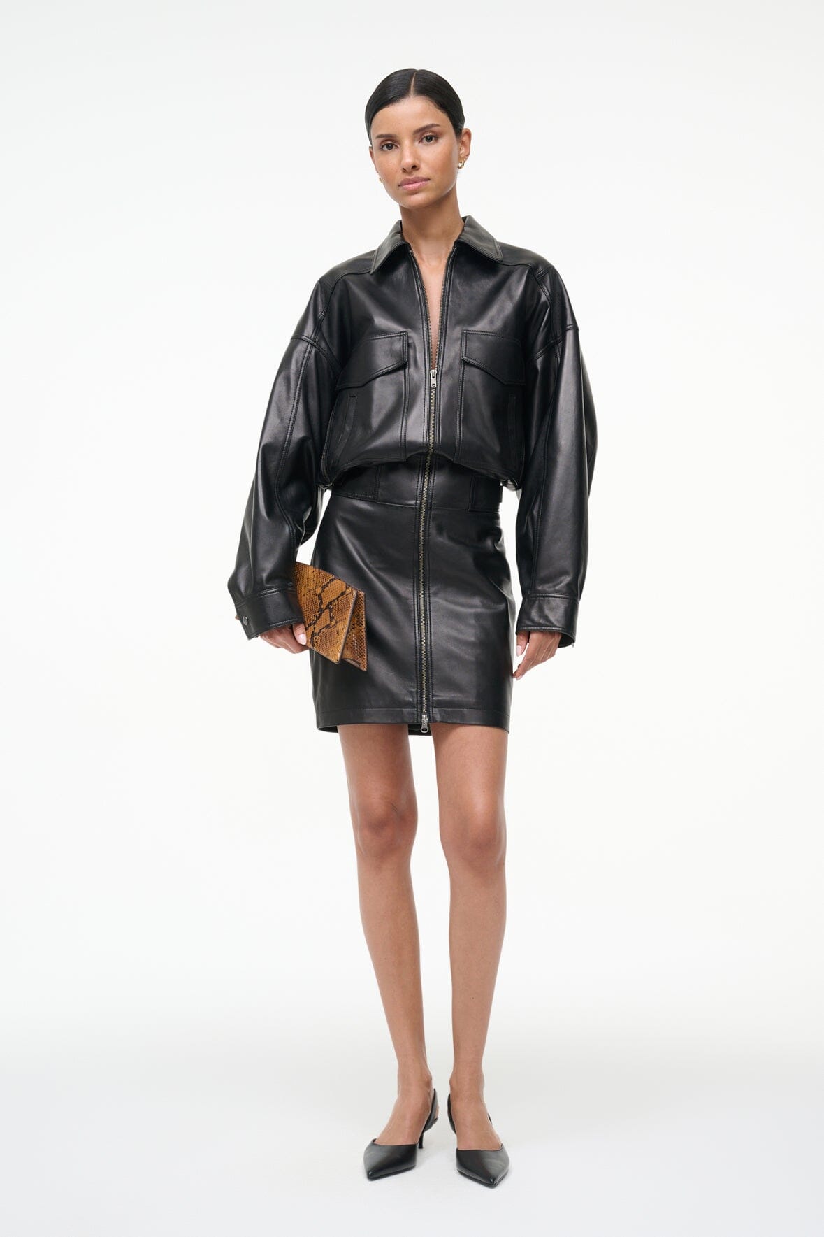STAUD, Claudette Leather Dress in Black, Size Large