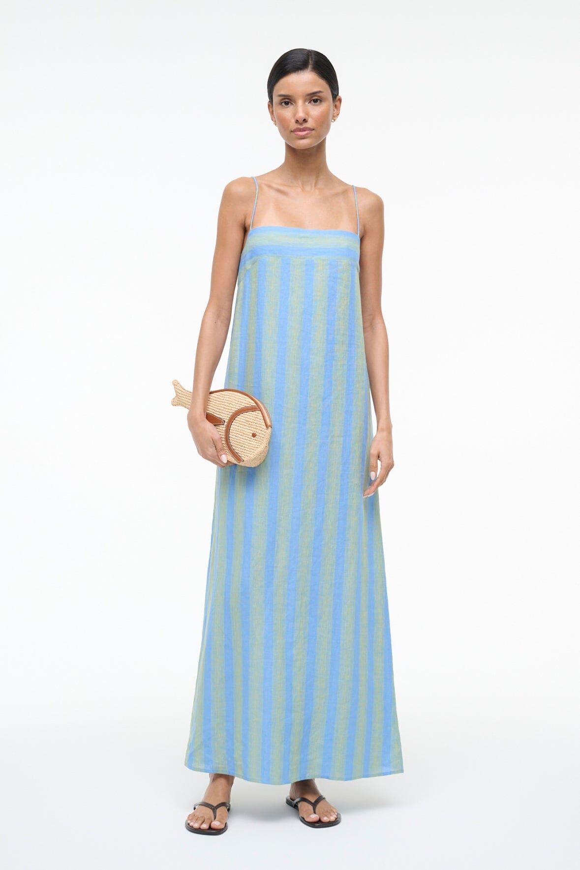 knee length dresses for ladies STAUD LAURA LINEN DRESS SEAPORT STRIPE