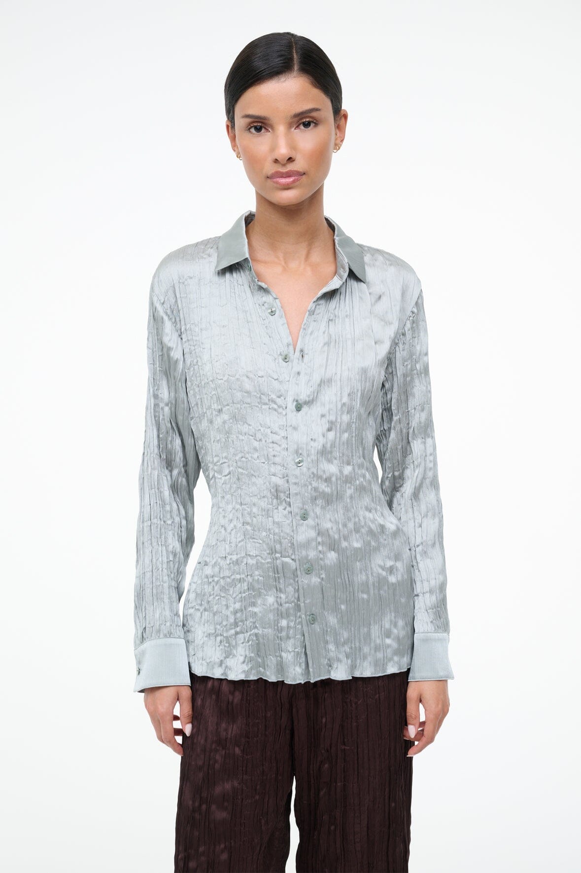 silver dress shirt STAUD, Suki Shirt in Silver Sage Plisse, Size Small