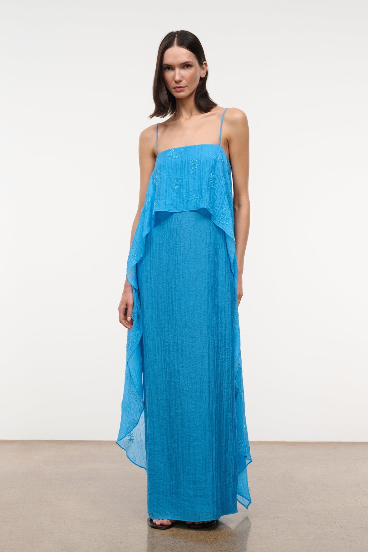 pacific blue dress Pacific Blue Beaded Lace Long V Neck Dress With Open Back main image 1