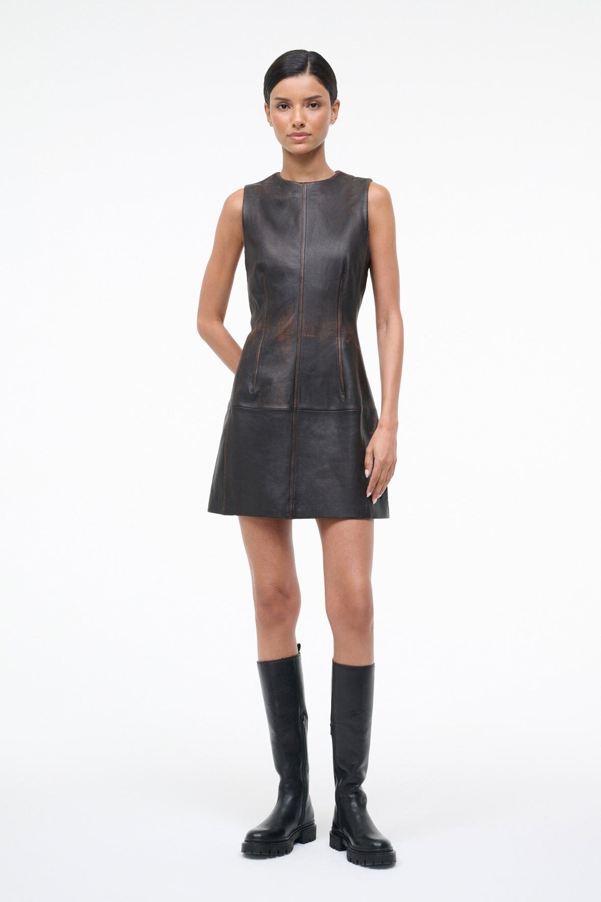 STAUD, Binx Leather Dress in Distressed Brown, Size 14
