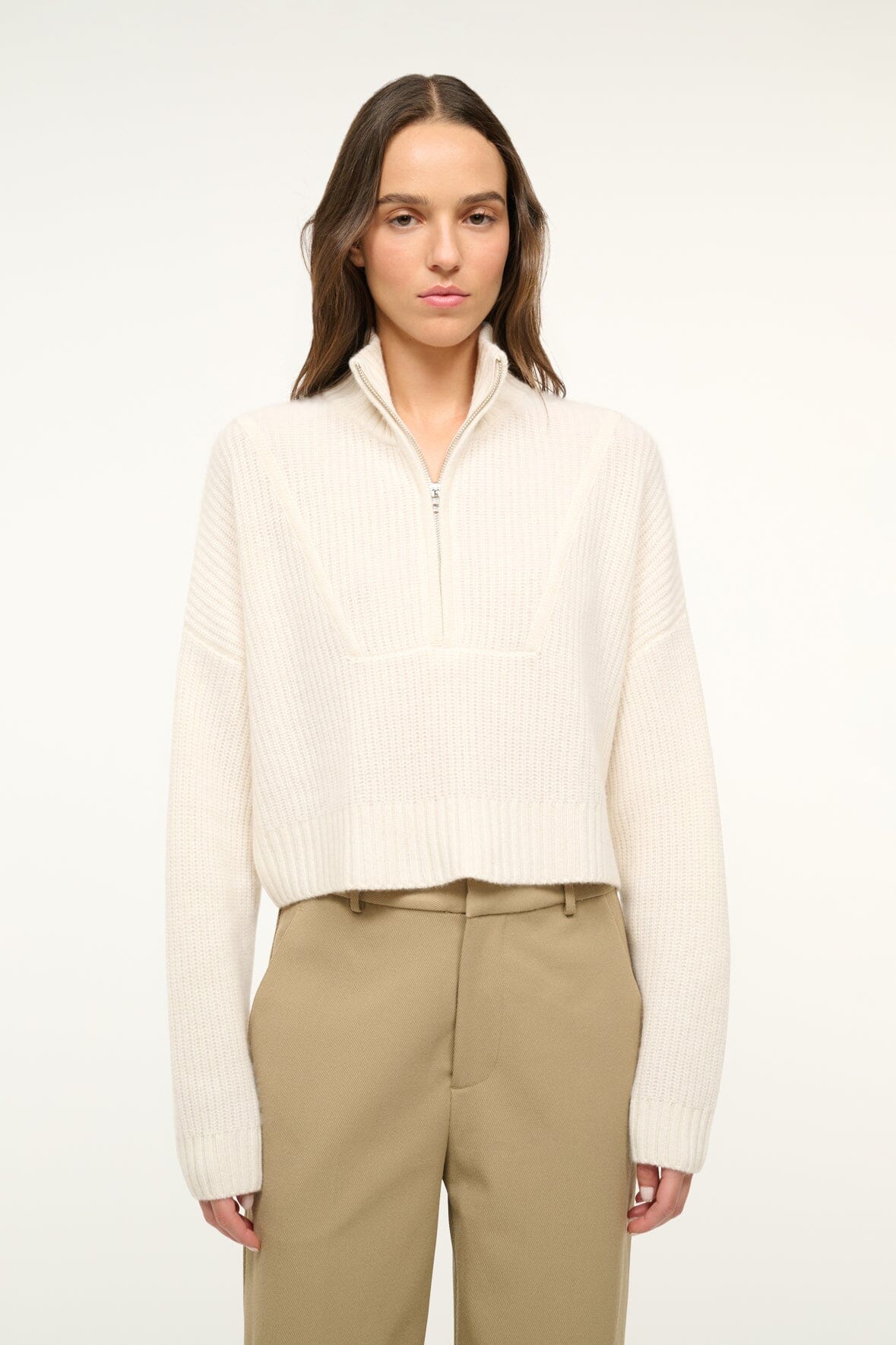 STAUD CASHMERE CROPPED HAMPTON SWEATER IVORY