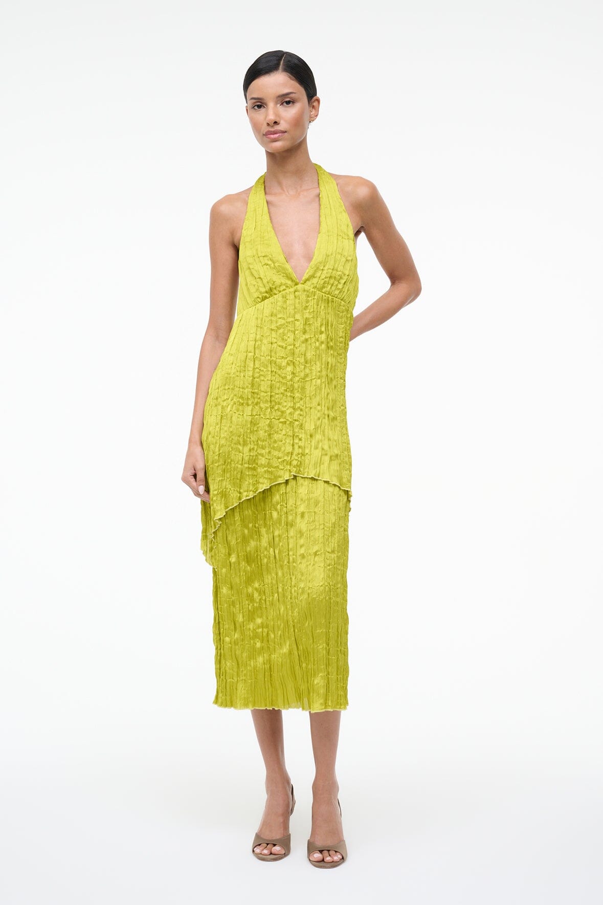 STAUD, Laurie Dress in Chartreuse Plisse, Size 10