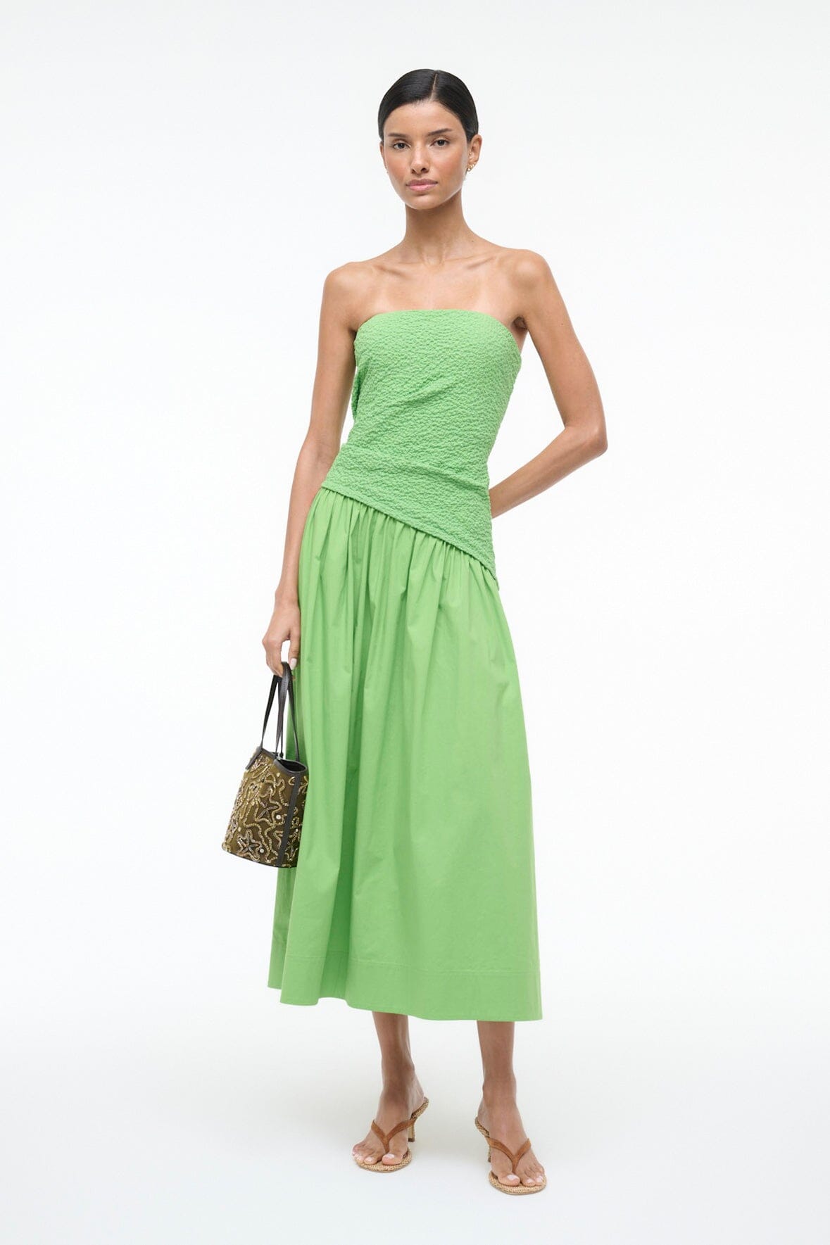 staud green dress NIA SPROUT edit: AW26 Hero Dresses Color:Sky Blue The Phare Dress features Ruffled One-Shoulder Formal Long