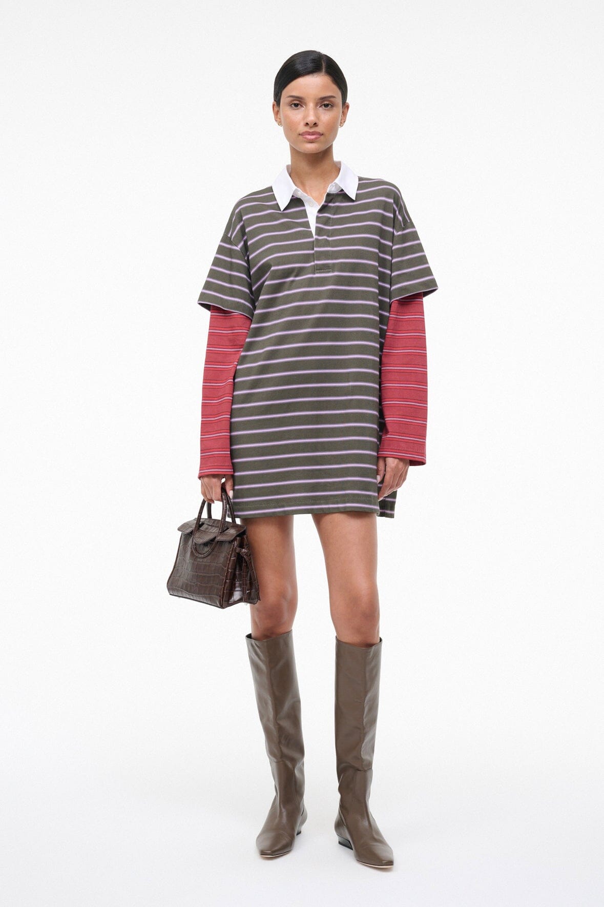 STAUD, Ivar Dress in Pine Stripe Burgundy Stripe, Size XS/Small
