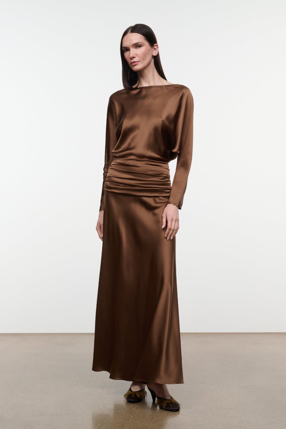 staud brown silk dress STAUD, Freda in Cigar, Size 16 Midi dresses