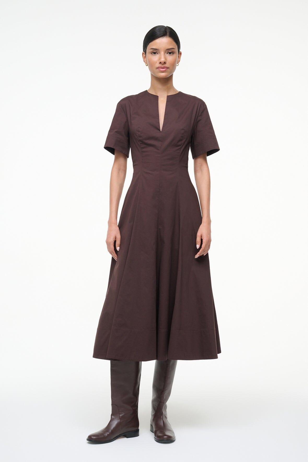 staud brown dress COSTA LINEN DARK OAK This midi dress is an excellent choice for garden parties and afternoon luncheons STAUD, Frances Dress in Earth,