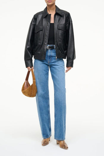 EUGENE black leather jacket with zip front and stand collar