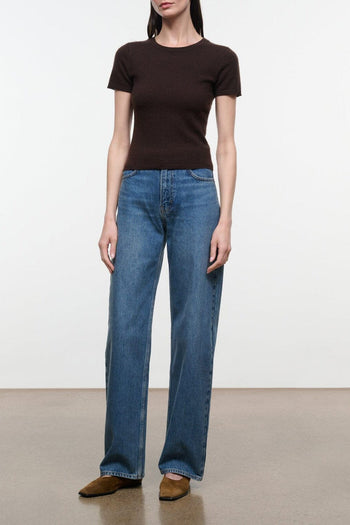 Women’s high-rise vintage wash blue jeans, wide straight legs with belt loops