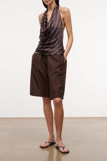 Dark brown bermuda shorts with relaxed fit and straight mid-thigh legs
