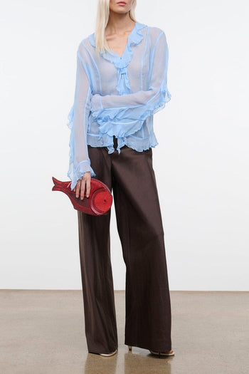 Silk dupioni wide-leg pants in dark brown, tailored straight legs