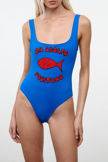 Blue one-piece swimsuit with red Positano graphic and wide straps