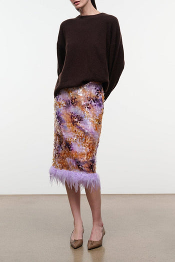 Afterglow printed pencil skirt with cosmic pattern and fuzzy lavender hem trim