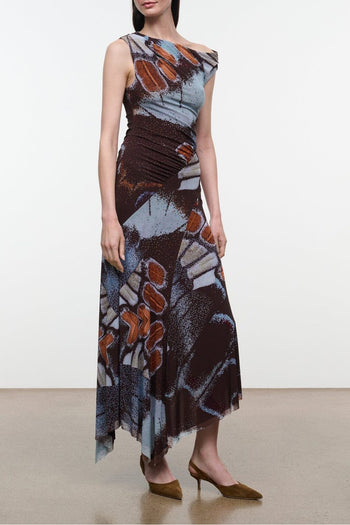 AMARIS dress: sleeveless printed maxi dress in dark brown, blue, and orange tones