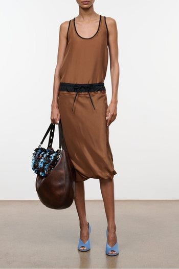Silk skirt with gathered waistband and draped hem, dark brown