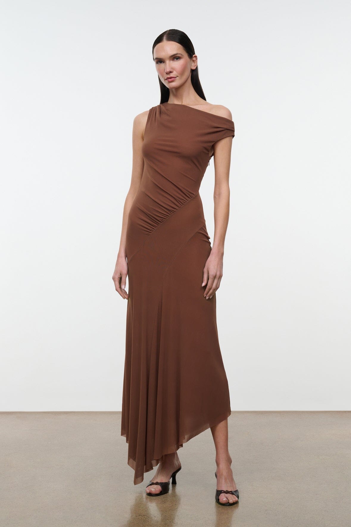 brown staud dress STAUD, Amaris in Cigar, Size Small color:Charcoal Gray Stunner in Staud 🖤 deep v neckline chiffon gown Formal dress friendly straps