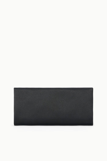Black rectangular clutch bag with smooth fabric front and minimal hardware
