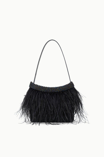 Black feather fringe handbag with beaded top trim and short handles