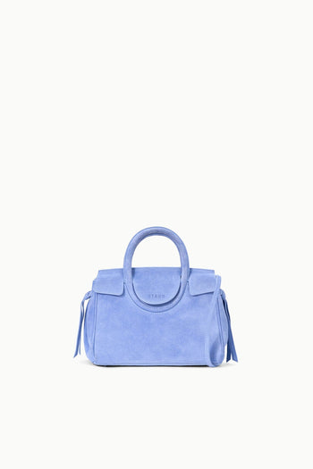 Light blue mini carryall handbag with structured top handles and side tassels