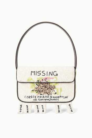 Beaded mini handbag with cream flap, multicolor center detail and dangling fringe
