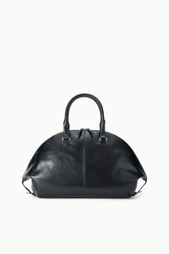 Black leather-look satchel bag with top handles and zip closure