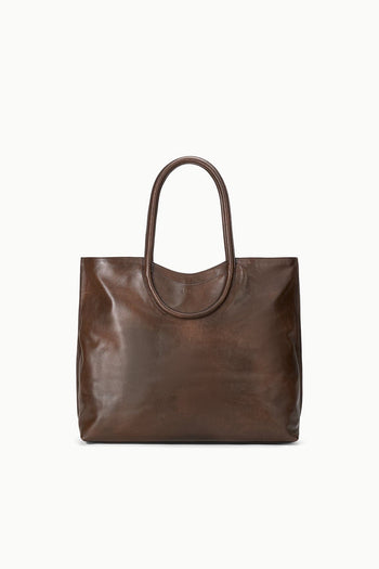 Brown leather-look tote bag with curved top handles, open main compartment