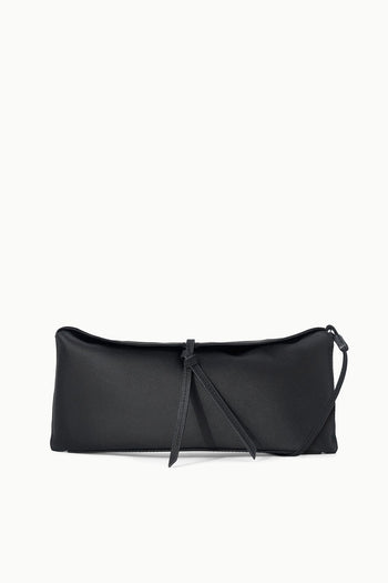 Black clutch bag with smooth finish, drawstring tie closure, and wrist strap