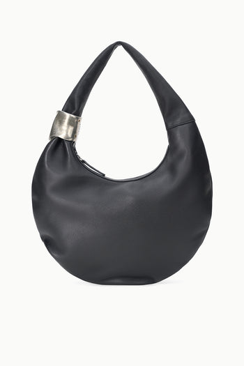 Black crescent hobo bag with open top and silver cuff detail at handle