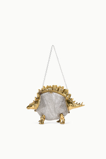 Mini dino chainmail bag with gold tone spiked trim and chain strap