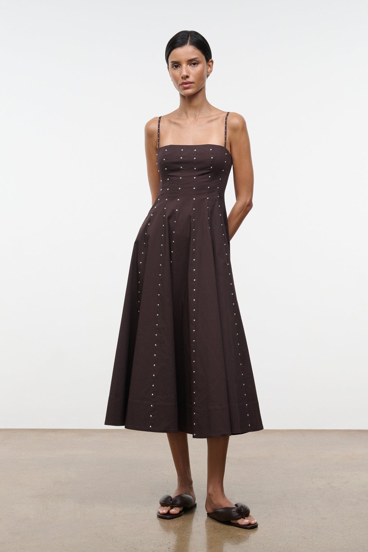 staud chocolate brown dress STAUD, Wylie in Earth Studs, Size 10 AWS2022 The Wells Dress features The festive season has Size:10 US / 43 EU