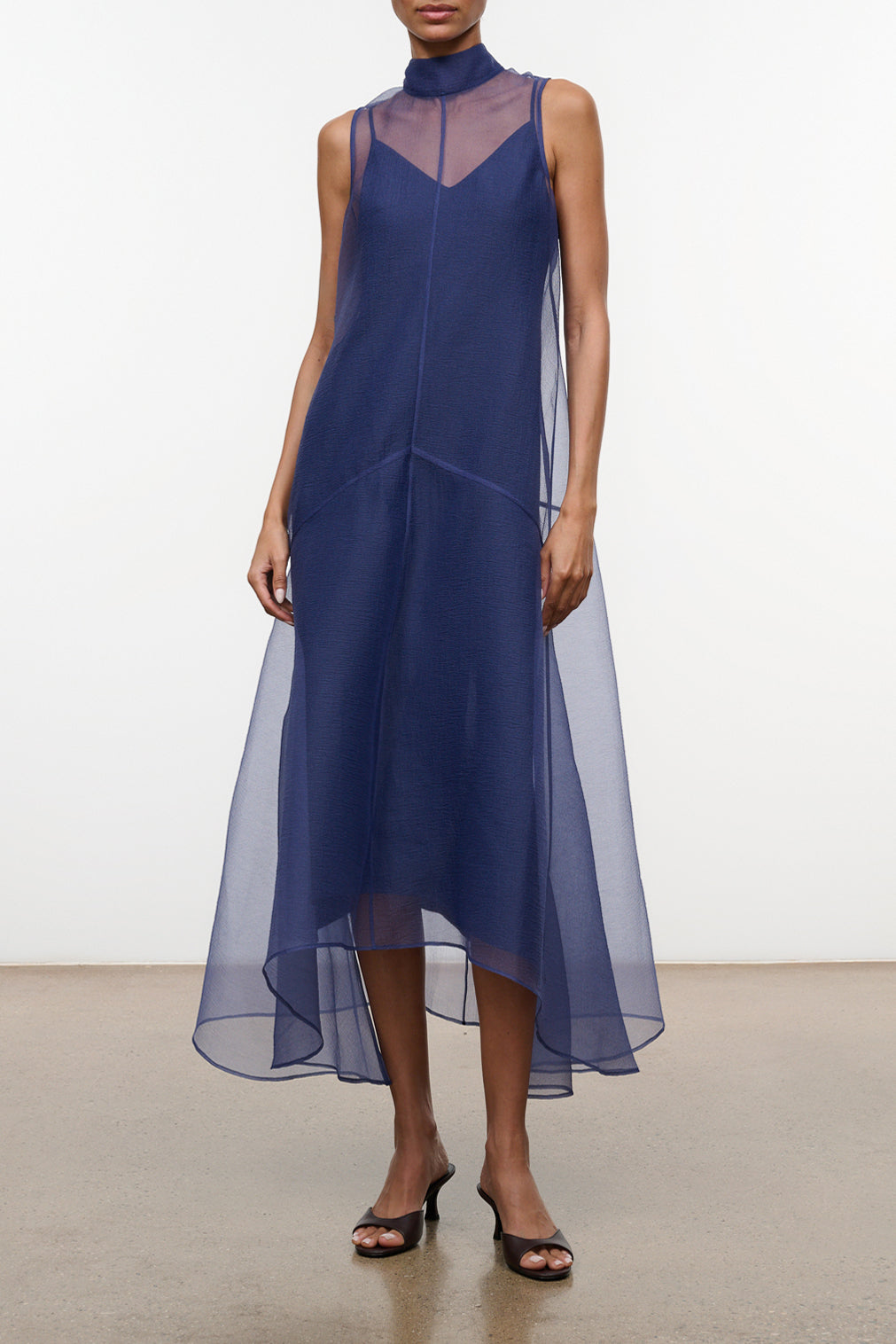 Auden Navy Sheer Organza High-Low A-Line Midi Dress | STAUD