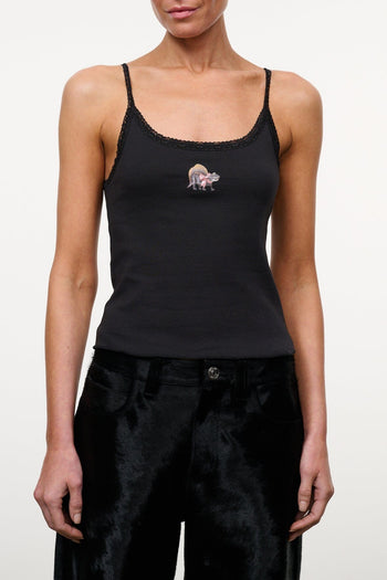 Black tank top with lace-trim neckline and small embroidered graphic at center chest