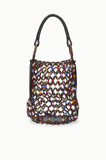 Del Mar bucket bag with multicolor beaded lattice, curved black handles, and rounded top