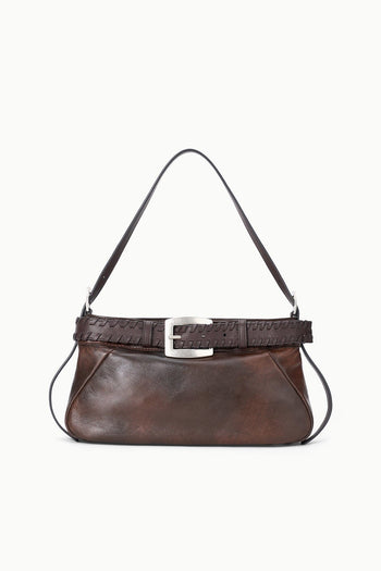 Espresso-brown distressed shoulder bag with front buckle and top handles.