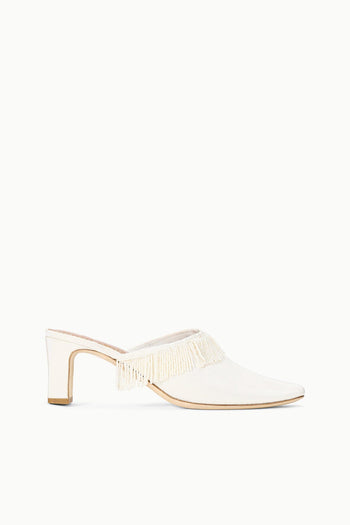 Ivory kitten-heel mule with fringe collar and pointed toe
