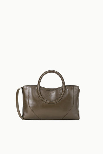 Truffle brown mini satchel with oval top handle, side strap, and zip-top style
