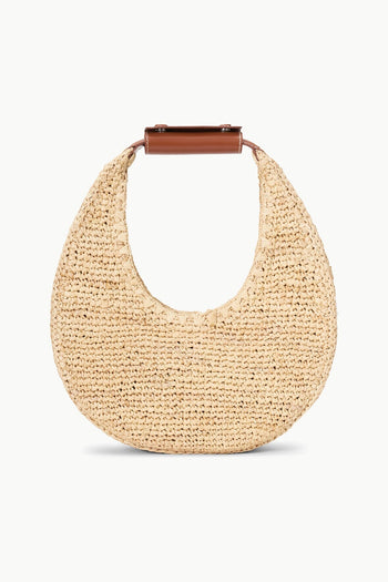 Natural raffia moon hobo bag with brown leather top handle