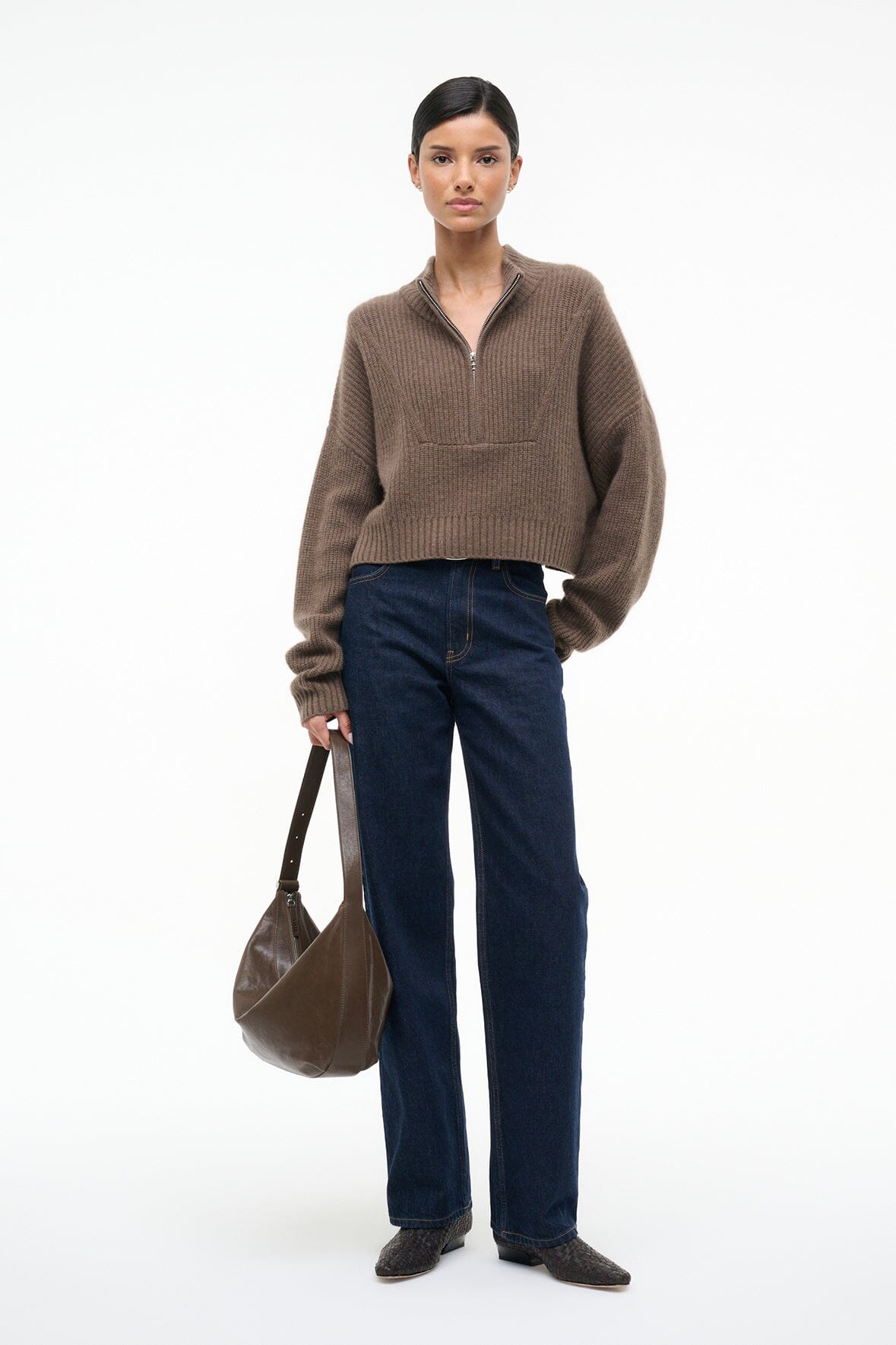 STAUD CASHMERE CROPPED HAMPTON SWEATER TRUFFLE