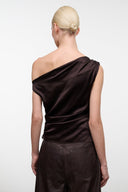 Dark brown one-shoulder silk top with diagonal strap and draped back