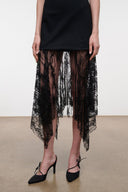 Black strapless dress close-up: lace fringe midi hem