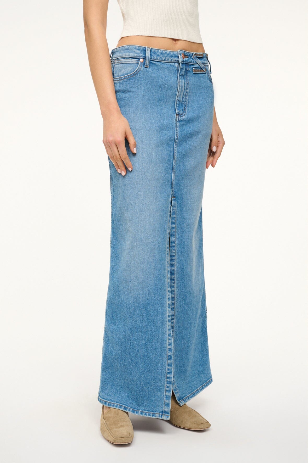 Image STAUD + WRANGLER THE MAXI SKIRT | MID BLUE 2 of 6 and Clicking this image will trigger a zoom pop-up