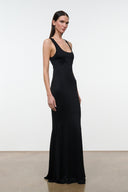 Black sleeveless maxi dress with scoop neckline, thin straps, fitted silhouette