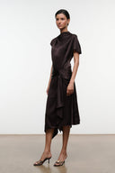 Dark brown silk midi dress with high neck, short sleeves, wrap knot waist and asymmetric hem