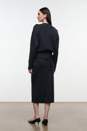 Charcoal sweater dress, midi length, long sleeves, and knotted waist detail