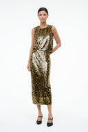Sleeveless sequin top, round neck, yellow-and-black allover mosaic pattern