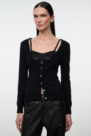 Black cashmere cardigan sweater, square neckline with strap trim, long sleeves, button front