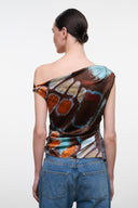 Silk one-shoulder backless top with draped neckline, brown orange turquoise butterfly print