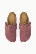 A pair of slip-on clog-style mules in dusty rose pink suede, shown from a top-down view on a clean white background.