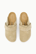 A pair of Birkenstock Bionica slip-on clogs in light tan suede, shown from a top-down view on a white background.