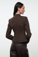 Women's brown fitted jacket with stand collar and center-back seam detail